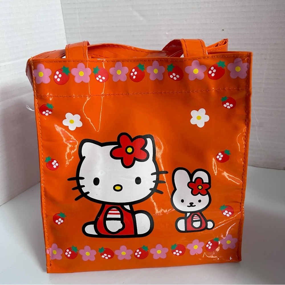 Orange Hello Kitty vinyl tote bag lunch bag 8” tall